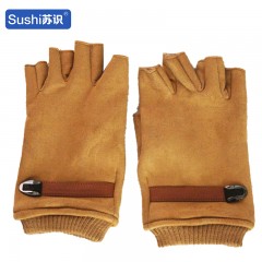 苏识 麂皮绒秋冬季保暖加绒加厚触屏半指手套 均码灰色 3460356