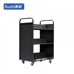 苏识 YJ00067/6 静音手推车档案室型钢制推车登高梯 黑色三层W型书车【静音轮】 2110032