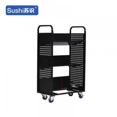 苏识 YJ00067/8 静音手推车档案室型钢制推车登高梯 黑色三层V型书车【镂空款/静音轮】 2110030