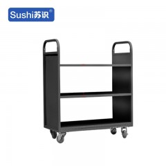苏识 YJ00067/4 静音手推车档案室型钢制推车登高梯 黑色三层平板书车【静音轮】 2110034