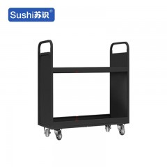 苏识 YJ00067/9 静音手推车档案室型钢制推车登高梯 黑色二层防护板书车【静音轮】 2110029