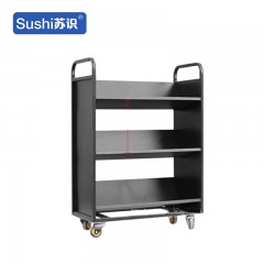 苏识 YJ00067/2 静音手推车档案室型钢制推车登高梯 黑色三层V型书车【静音轮】 2110036