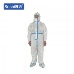 苏识 FHYW0071 一次性压胶带帽连体防护服 160(S) 白色+蓝色胶条 3550046