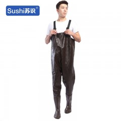 苏识 XF089 下水裤连体钓鱼裤防水衣服连体下水雨裤皮叉捕鱼钓鱼渔裤背带 PVC36 棕色（超厚）120丝 3540089