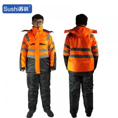 苏识 冬季防风抗寒防水工作服棉衣男加厚保暖冷库钩鱼劳保防护棉服  180 黑橘色 3520224