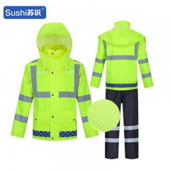 苏识 新式反光交通雨衣裤套装 户外骑行防水代驾双层高速救援巡逻成人（蓝格荧光绿套装，黑裤子）XXXL 3540296