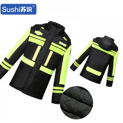 苏识 户外反光交通加棉防寒保暖加绒棉雨衣裤套装 男女高速巡逻道路骑行（黑色生物绒内胆上衣＋黑裤子） 3540202