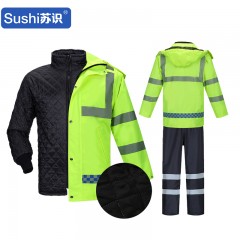 苏识 户外反光交通加棉防寒保暖加绒棉雨衣裤套装 男女高速巡逻道路骑行（荧光绿丝绵上衣＋黑裤子） 3540330