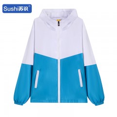 苏识 秋冬长袖拼色复合文化印字广告衫工作服外套 孔雀蓝带帽XL