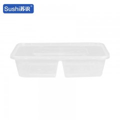 苏识 一次性多格打包餐盒 500ml方双格 透明 300套/箱 箱 11210238